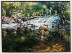June Bevan (b.1927) - Framed 20th Century Acrylic, Waterfall in Bramhall Park