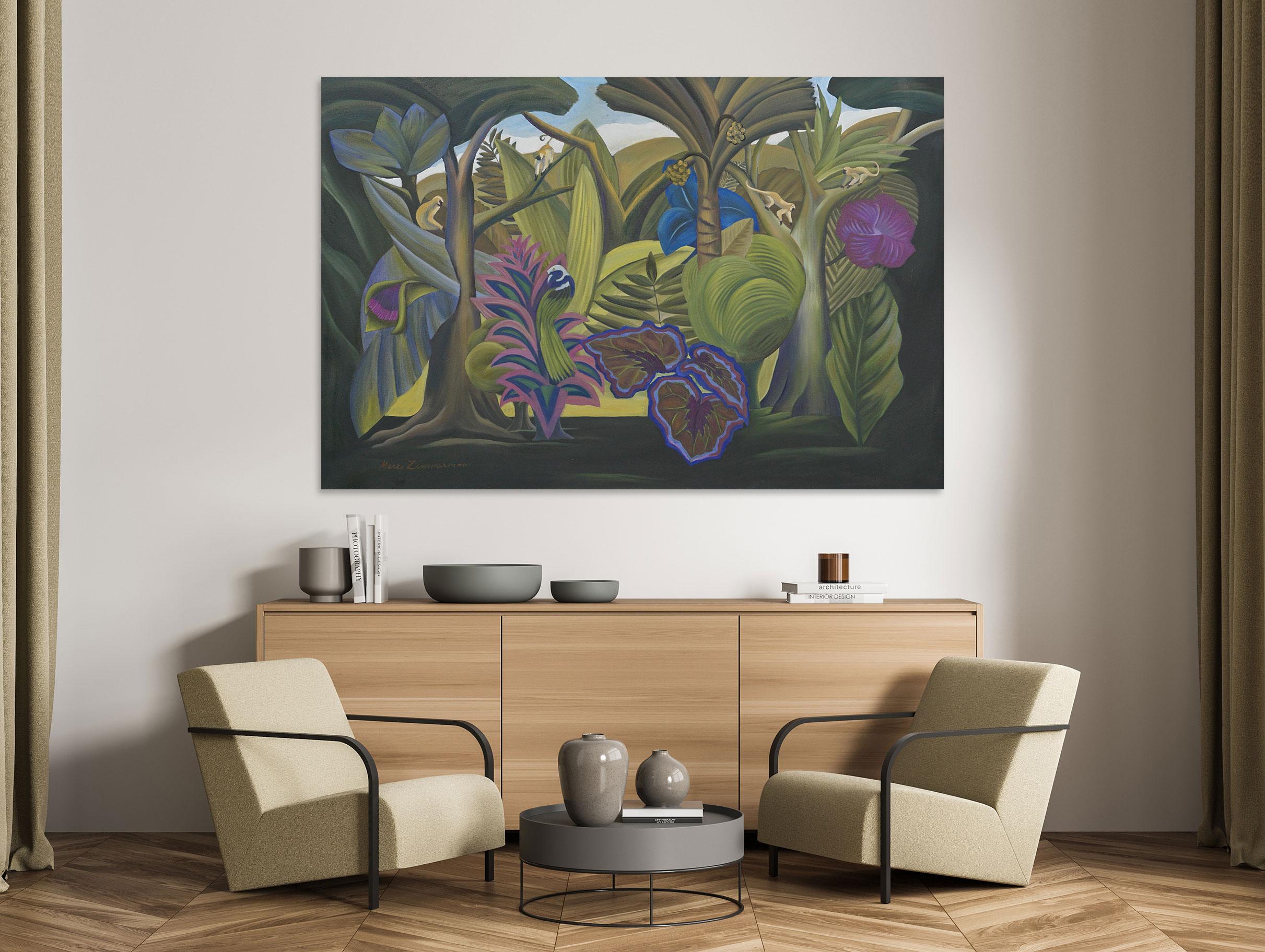 A smooth verdant, surreal jungle with monkeys playfully enjoying, exotic colored flowers and a tropical bird completes the fantasy.

Jungle Fantasy with Exotic Bird - Landscape Painting - Conceptual Art By Marc Zimmerman

This masterpiece is