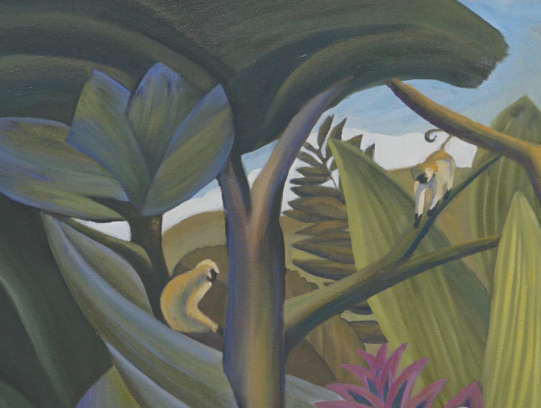 Jungle Fantasy with Exotic Bird - Landscape Painting - Conceptual Art By Marc  For Sale 1