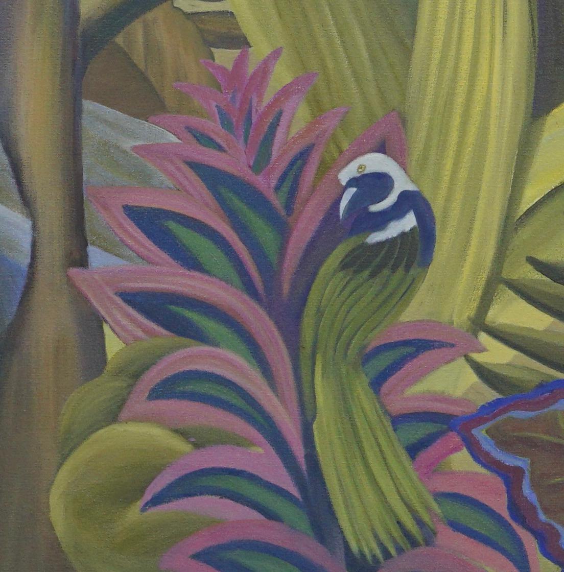 Jungle Fantasy with Exotic Bird - Landscape Painting - Conceptual Art By Marc  For Sale 4