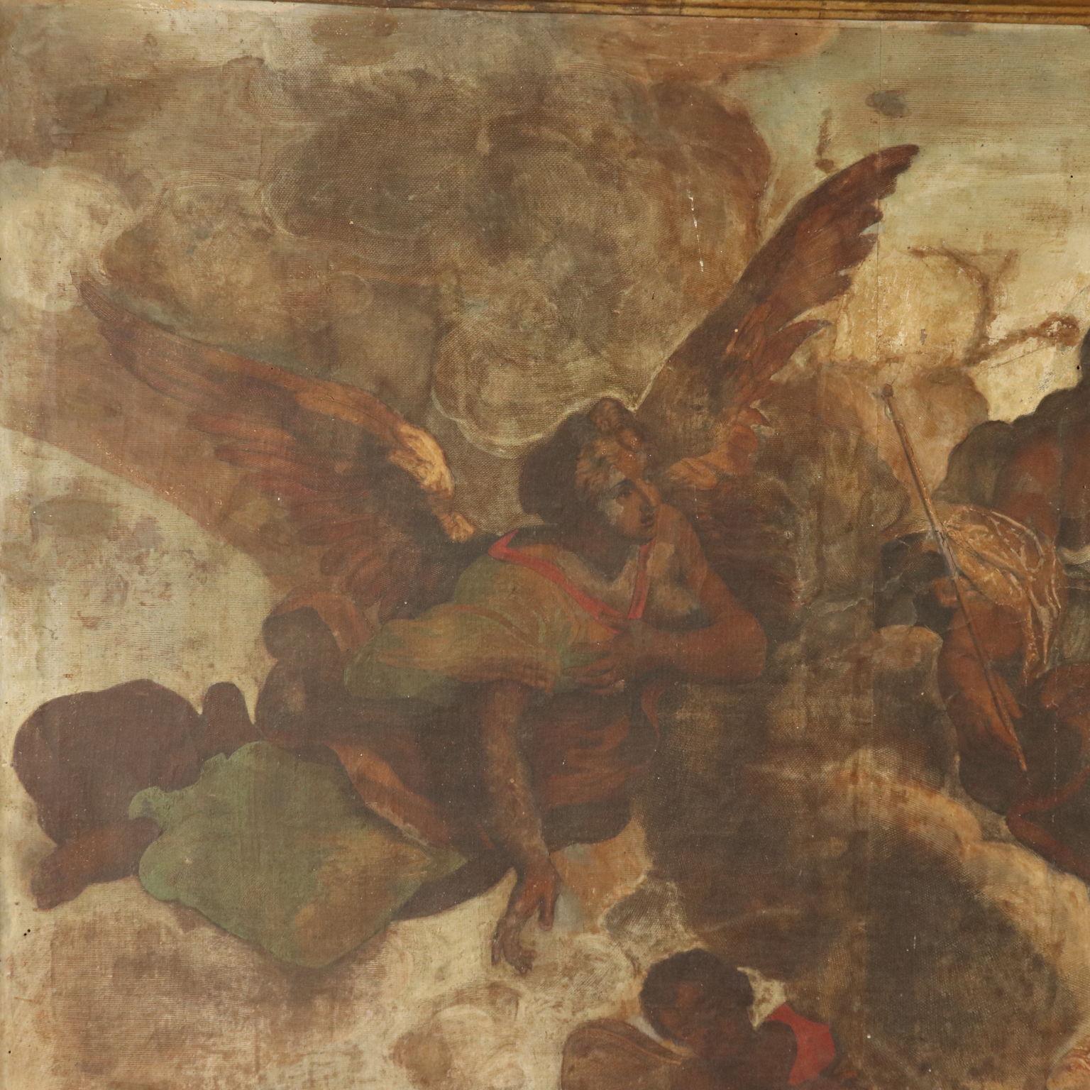 Painting belonging to the Italian Arte Povera movement, oil on canvas with engraving technique. The engravings prepared ad hoc to decorate furniture and objects developed especially in the Veneto region, between 1600 and 1700. They were rarely used