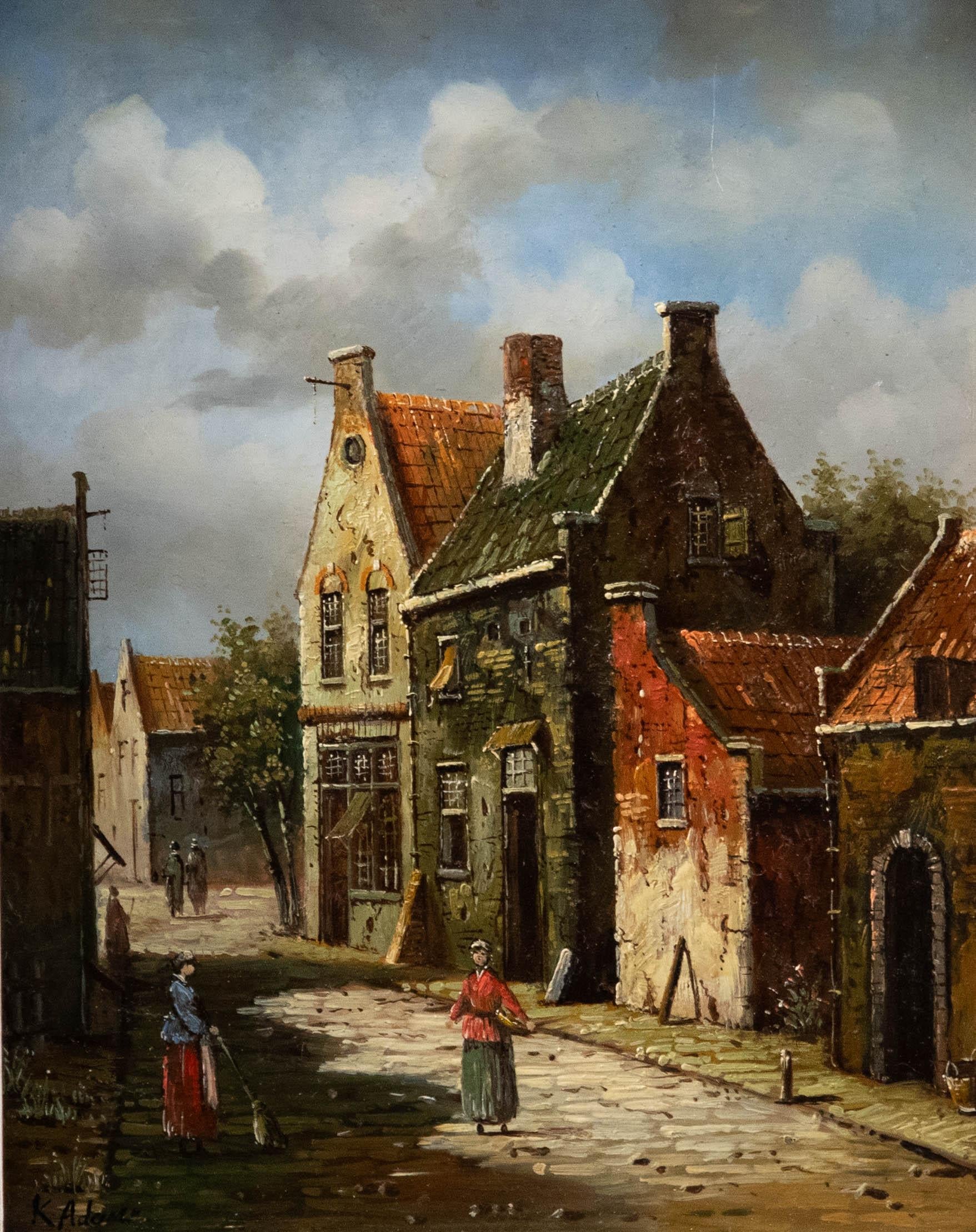 K. Adams - Framed 20th Century Oil, Dutch Street Scene - Painting by Unknown