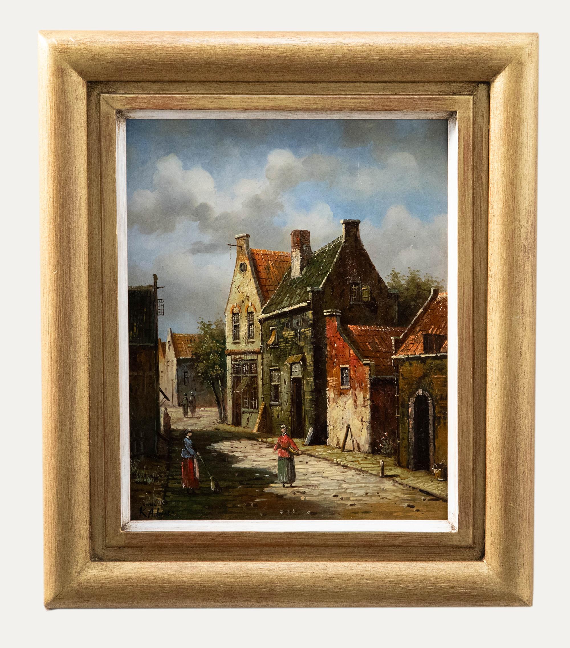 Unknown Figurative Painting - K. Adams - Framed 20th Century Oil, Dutch Street Scene