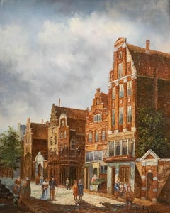 K. Adams - Framed 20th Century Oil, Dutch Town Scene