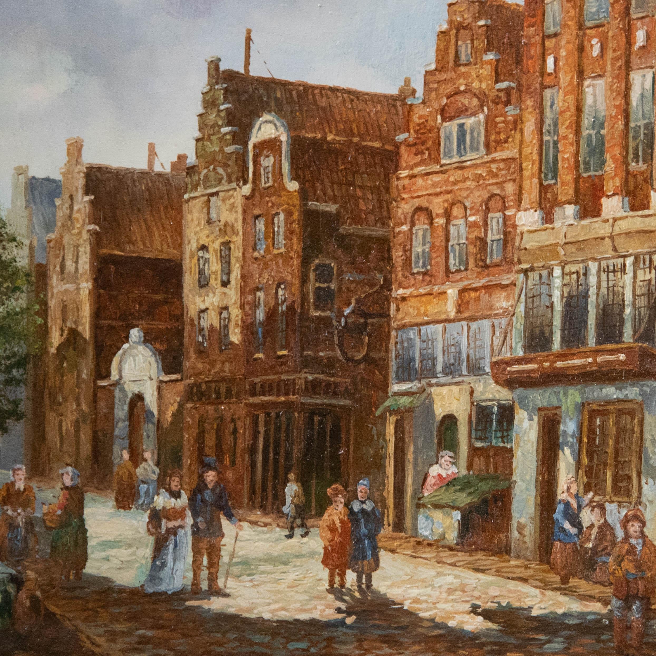 K. Adams - Framed 20th Century Oil, Dutch Town Scene For Sale 1