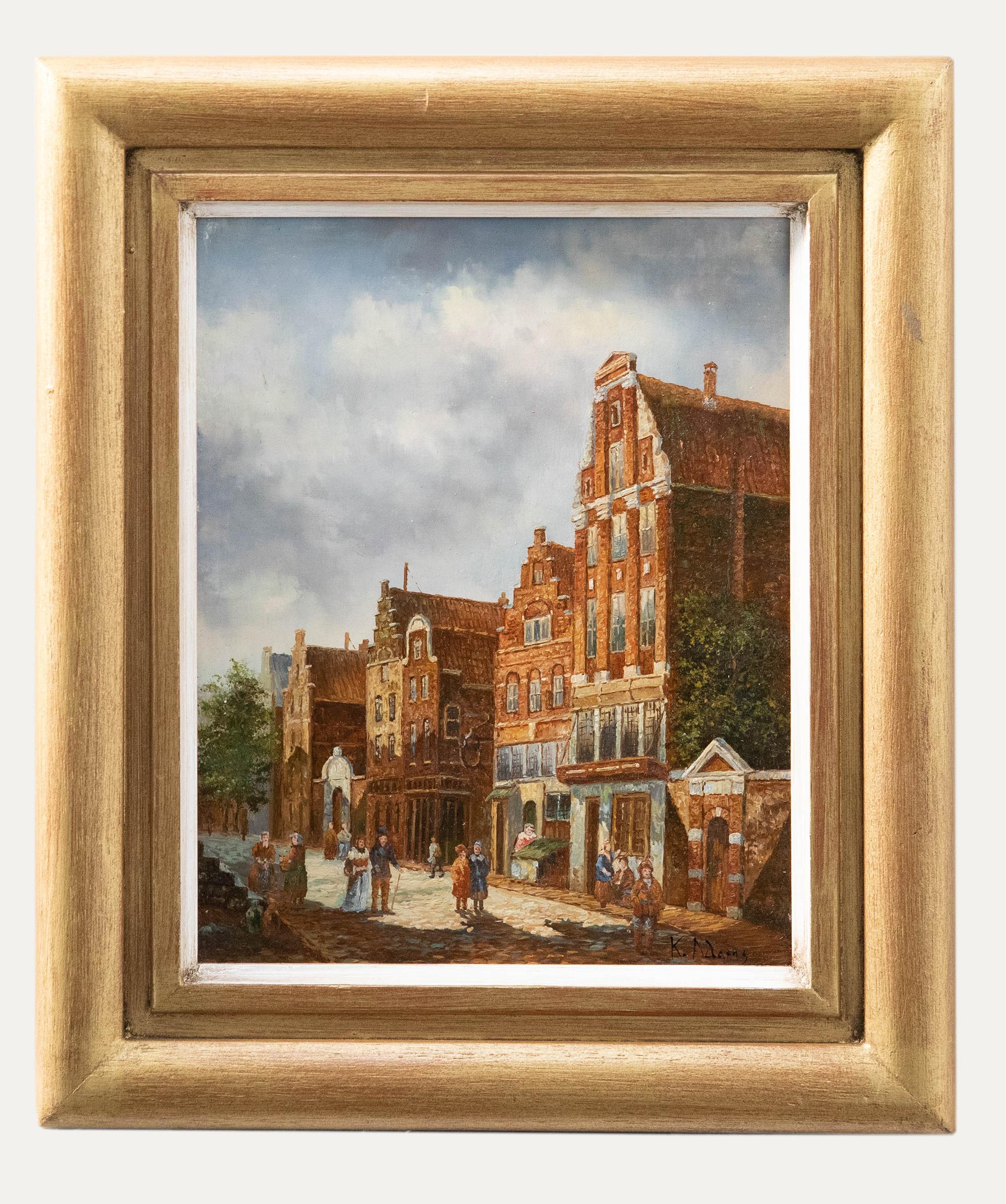 Unknown Figurative Painting - K. Adams - Framed 20th Century Oil, Dutch Town Scene
