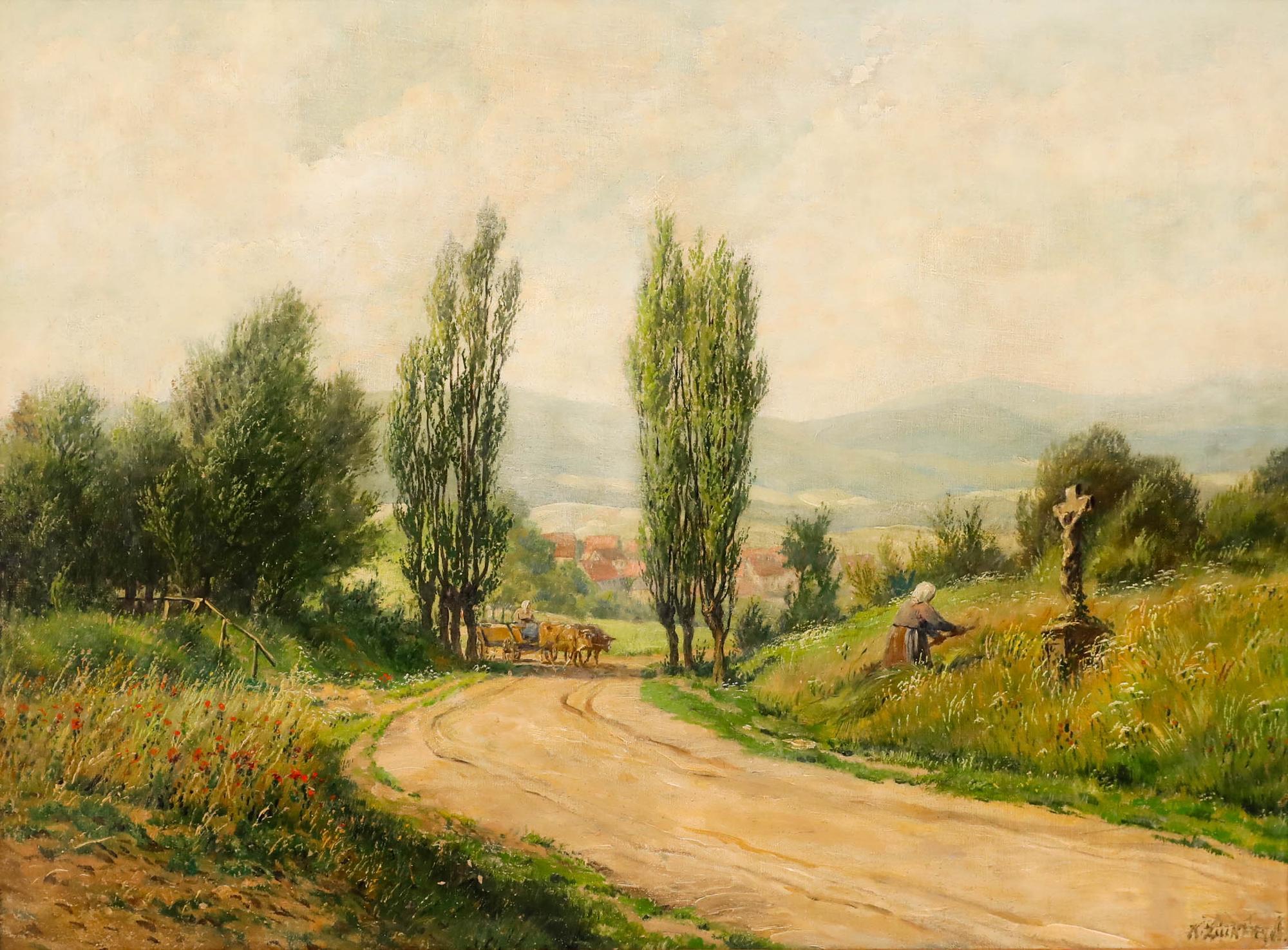 K. L.  - Early 20th Century Oil, Oxen on the Country Path - Painting by Unknown