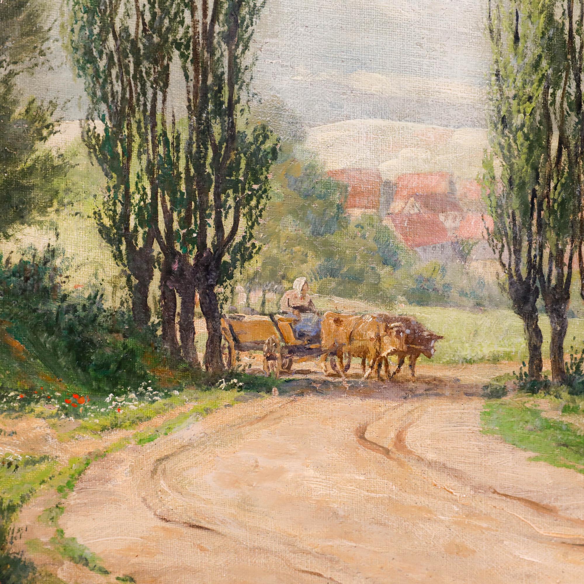 This pastoral landscape painting depicts a winding dirt track with an oxen cart travelling away from the village. The artist employs warm, muted tones and loose brushwork to create an atmospheric composition that captures the gentle light and