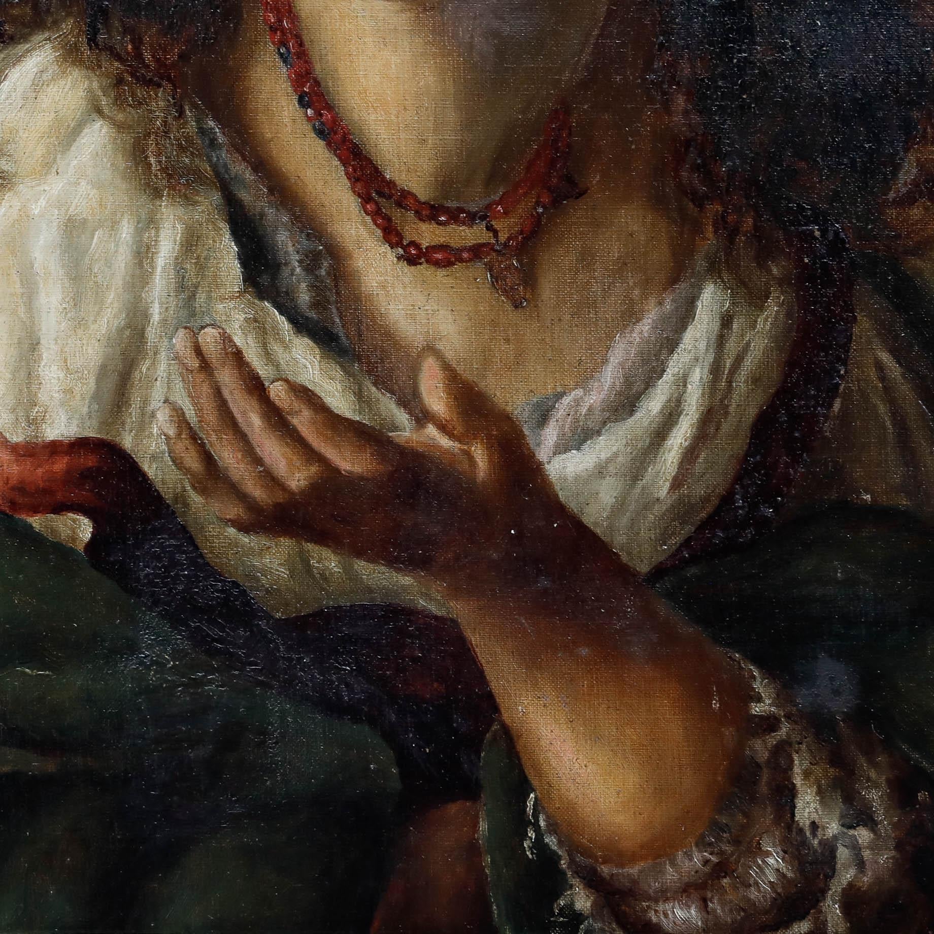 Un portrait saisissant d'après Nathaniel Schmitt (1847-1918) représentant un gitan portant des vêtements traditionnels, avec des perles rouges, un bonnet jaune et un châle. La composition se concentre sur le regard intense de la jeune fille, qui