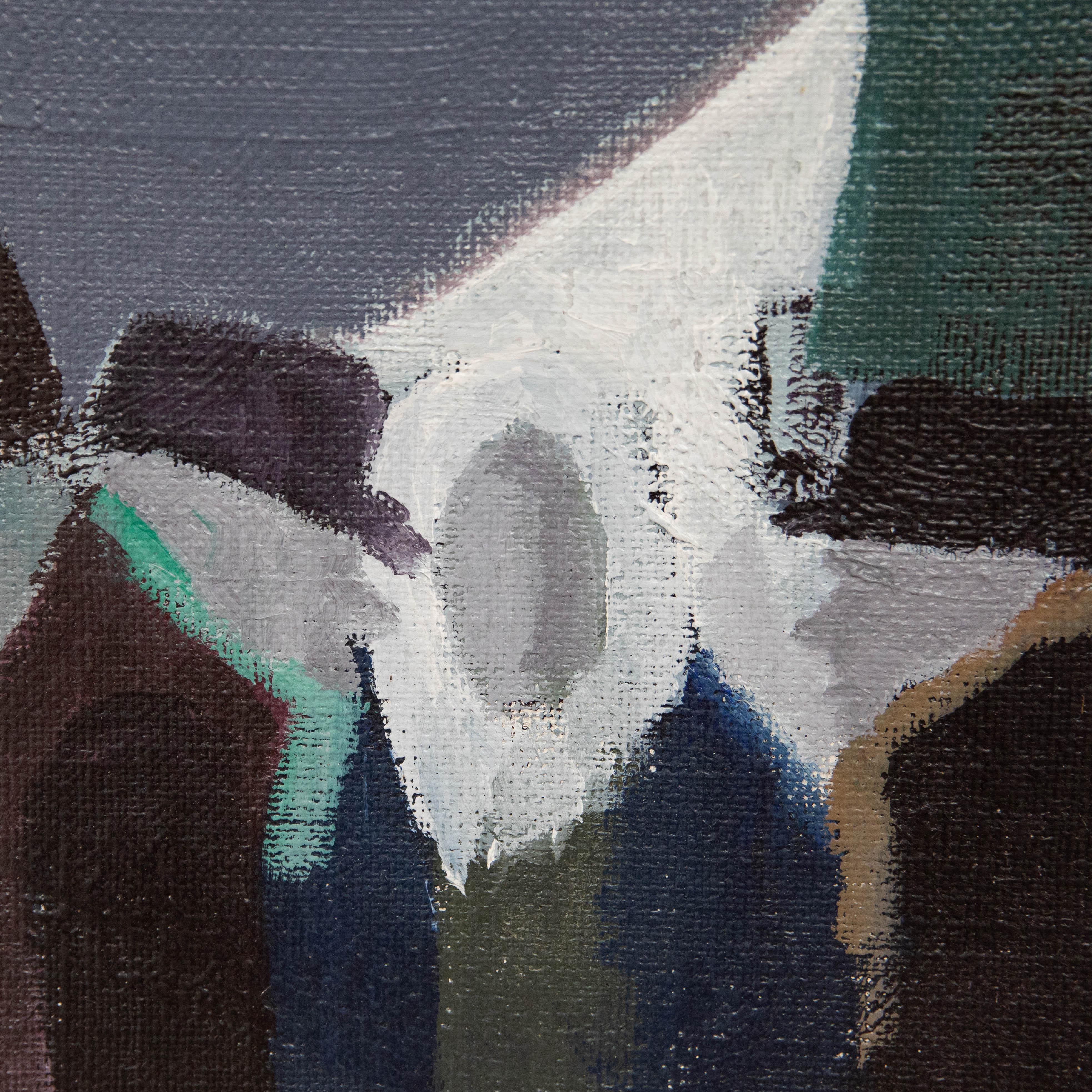 Kai Christensen (suédois, né en 1927). Peinture à l'huile originale. Chiffres entre les bâtiments. Signé en bas à droite. Présenté dans un cadre en lin complémentaire. Sur des brancards en toile de jute. 