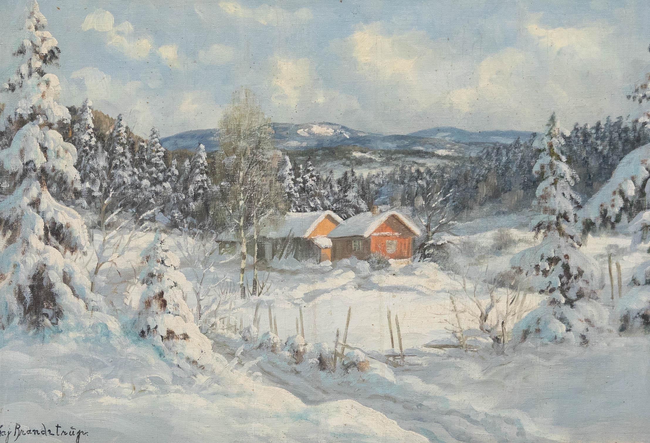 Kaj Brandstrup - Gerahmtes Öl aus der Mitte des 20. Jahrhunderts, Eine schneebedeckte Landschaft – Painting von Unknown