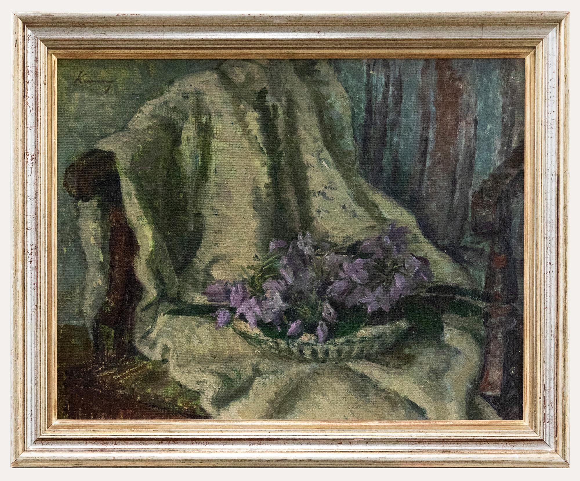 Unknown Still-Life Painting - Kalman Kemeny (1896-1994) - Framed 20th Century Oil, Violets