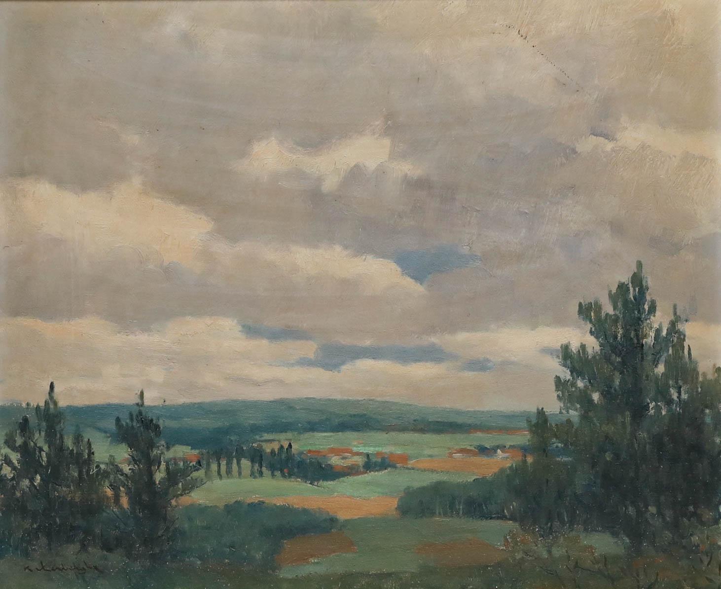 Karel Van Lerberghe (1889-1953) - 1940 Ölgemälde, Landschaft mit Häusern und Bäumen – Painting von Unknown