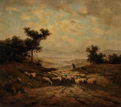 Karl Demetz (1909-1986) - Huile encadrée du milieu du 20e siècle, Troupeau au crépuscule