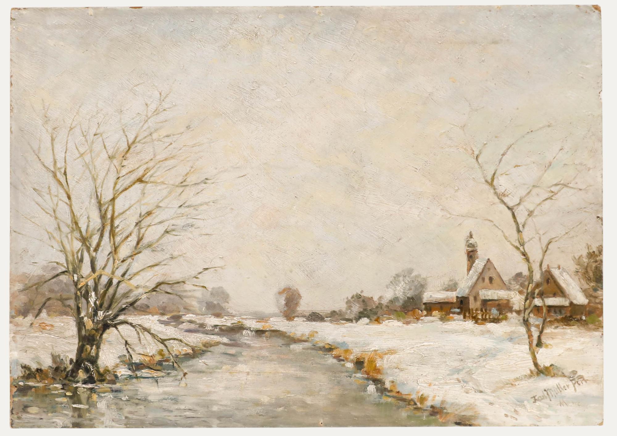 Landscape Painting Unknown - Karl Müller - 20e siècle Huile, Village dans la neige