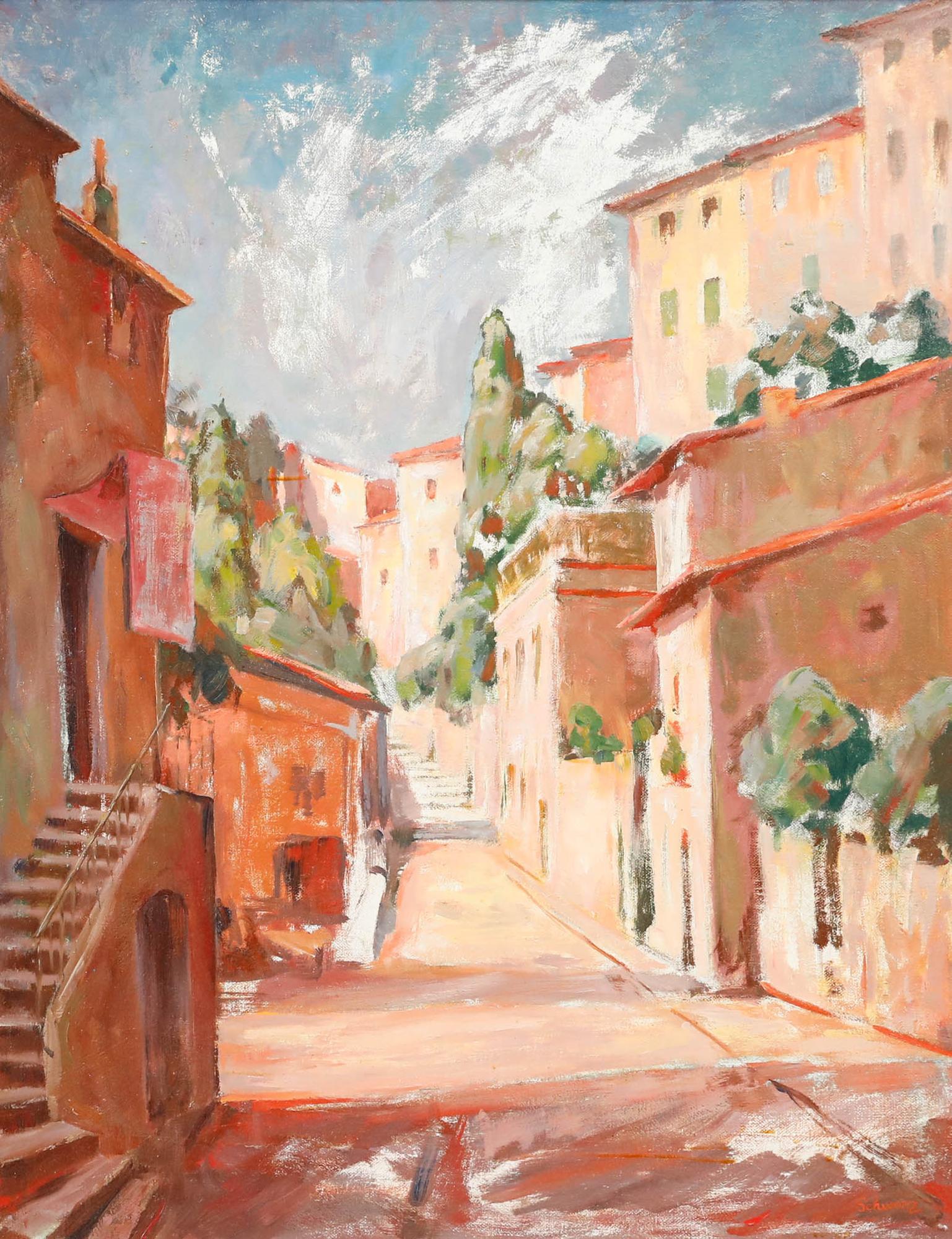 Karl Schwarz - Framed 20th Century Oil, Street Scene in Southern Tuscany - Painting by Unknown