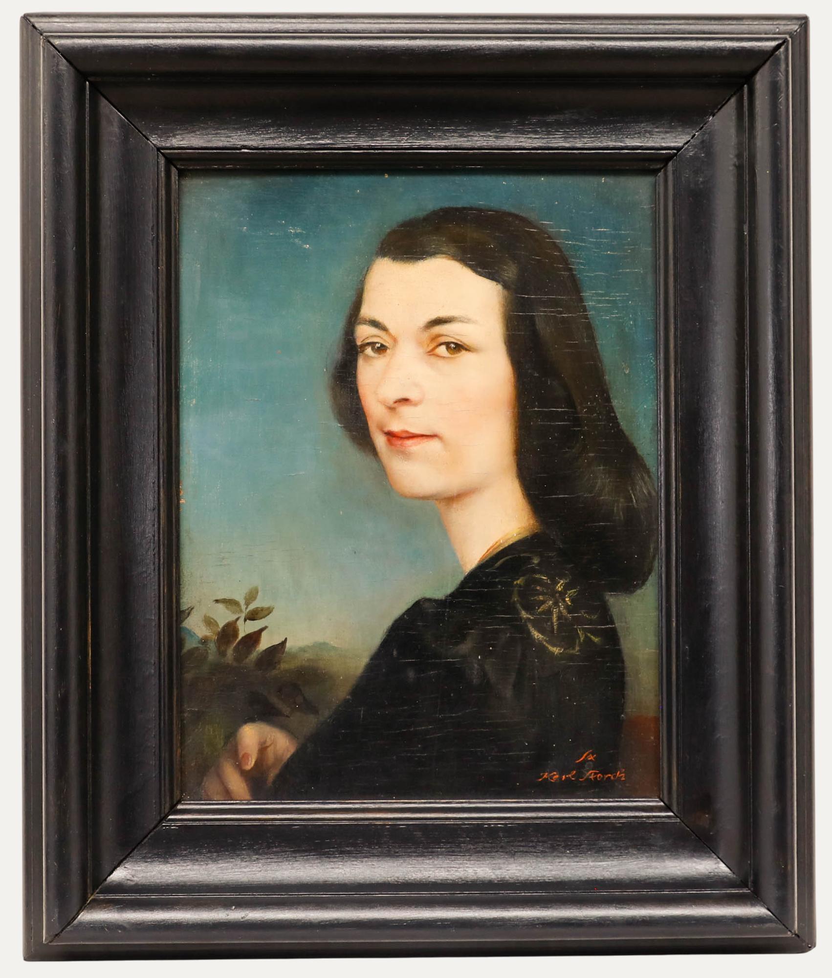 Unknown Portrait Painting – Karl Storch II (1899 -1991) - Mitte 20. Jahrhundert Öl, Dame in schwarzem Samt
