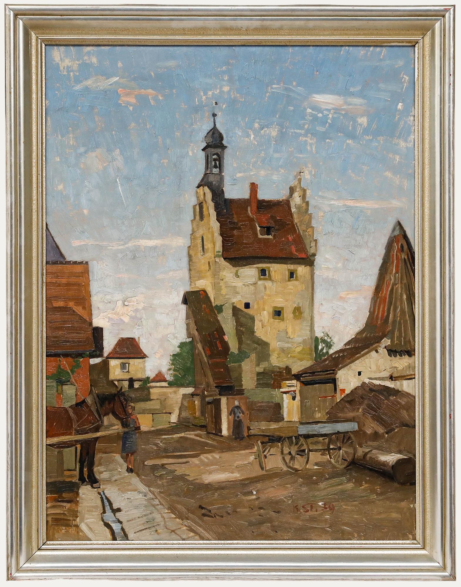 Karl Stretz (1900-1965) - Óleo enmarcado de mediados del siglo XX, Pueblo de Franconia