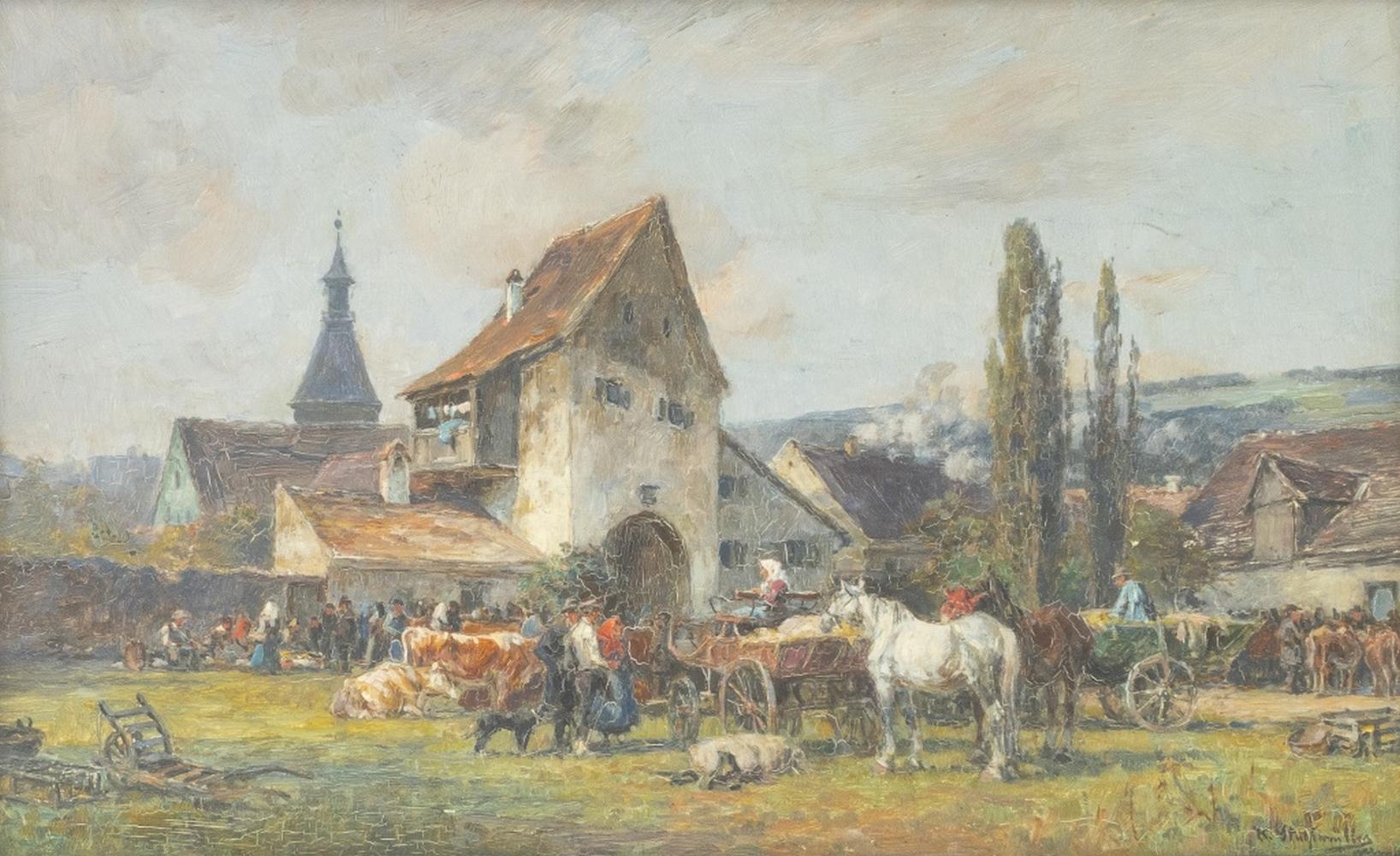 Karl Stuhlmuller, „Marktsszene“, Ölgemälde auf Tafel – Painting von Unknown
