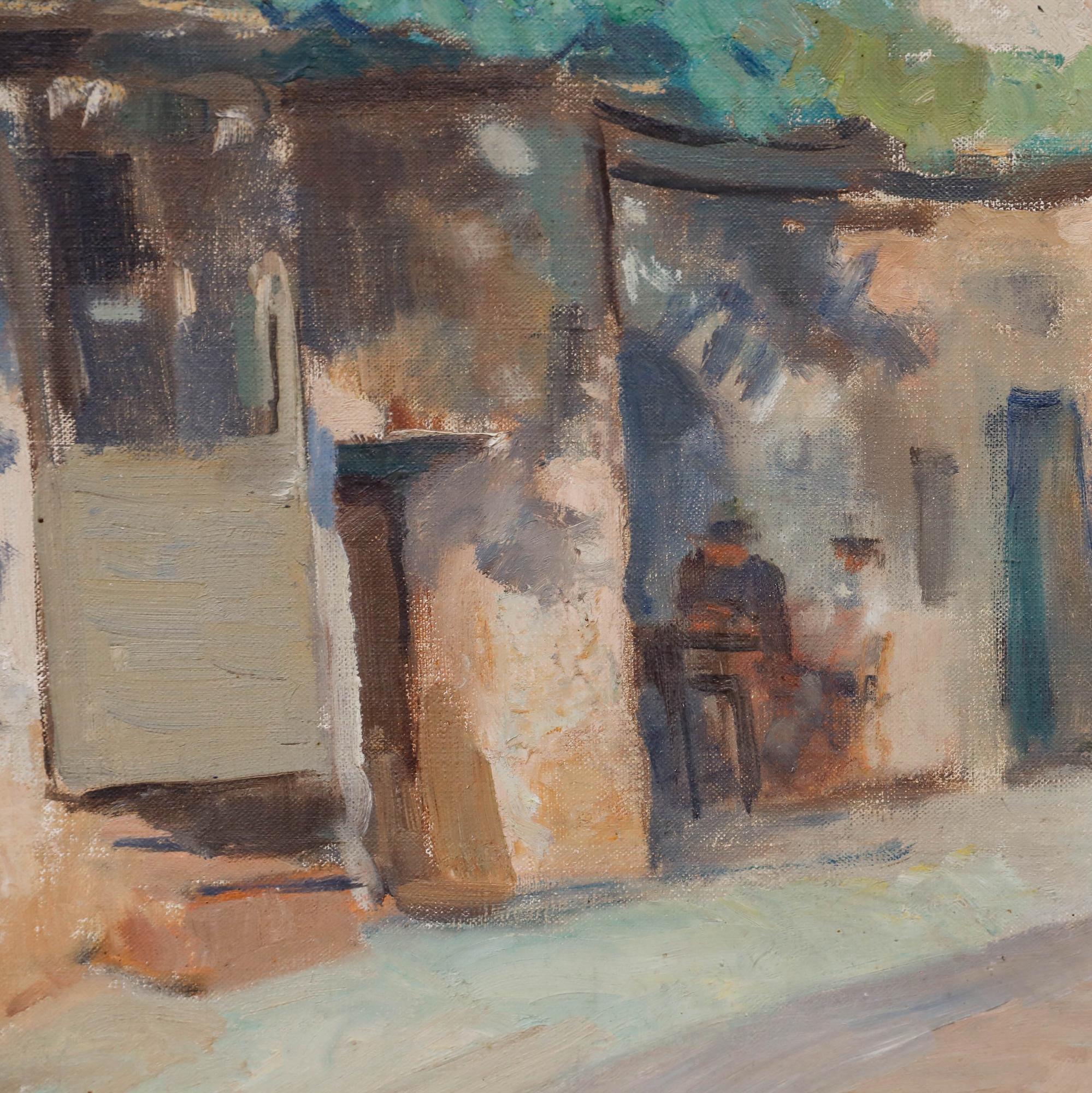 Eine bezaubernde Straßenszene von Karl Theophil Dick (1884-1967), die eine sonnenüberflutete Gasse in Palästina festhält, in der junge Mädchen im Vordergrund spielen. Die mit Efeu bewachsenen Terrakotta-Dächer sonnen sich im goldenen Sonnenlicht und