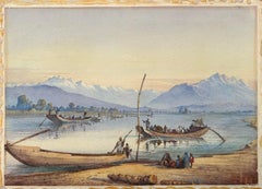 India 19th c Watercolour Charles Stewart Hardinge Kashmir Lake Mountains