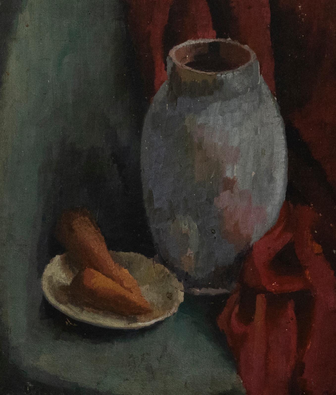 Katheryn Mitcheson, doppelseitiges Sofa  Mitte 20. Jahrhundert Öl, Krug und Karotten – Painting von Unknown