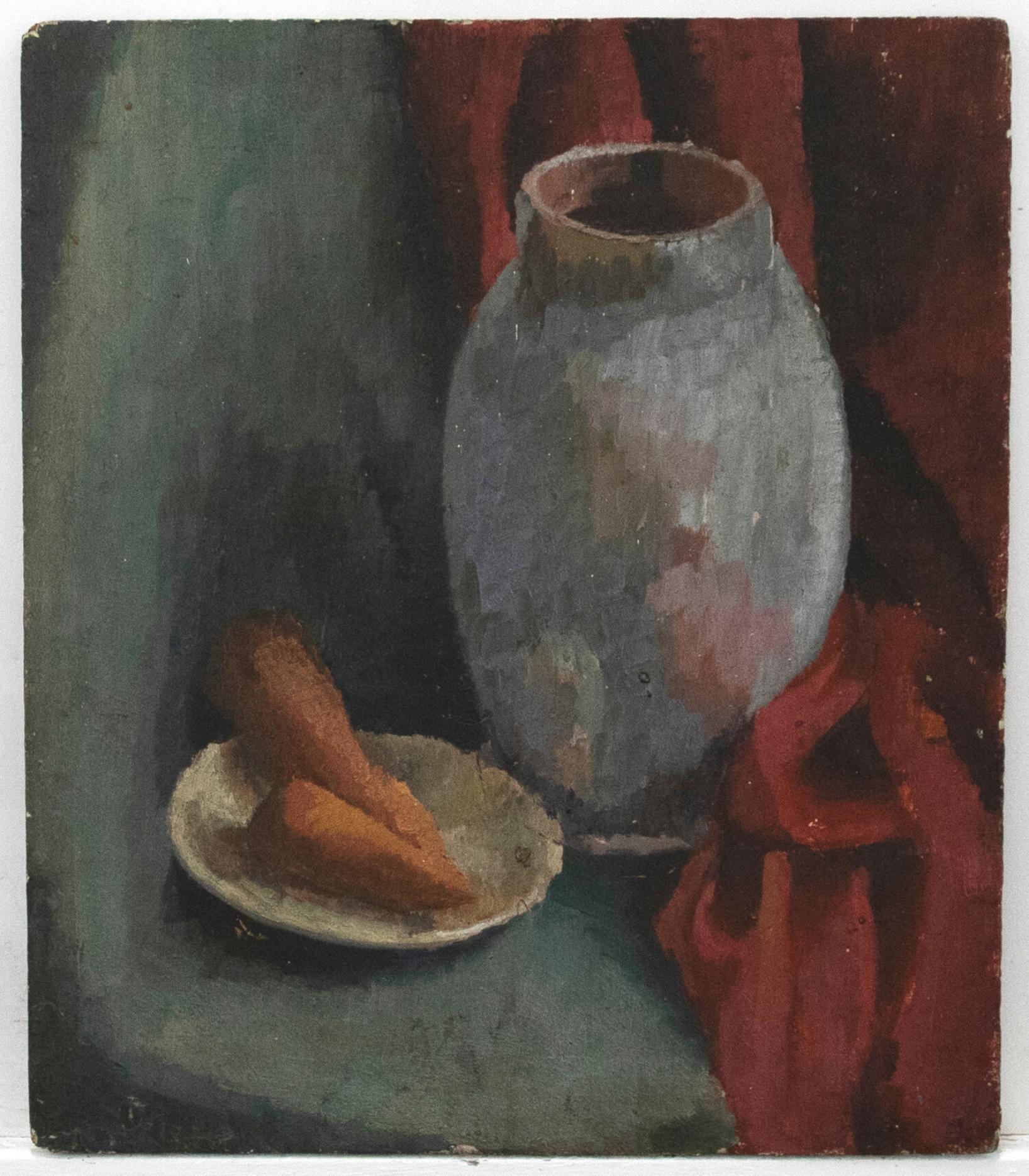 Unknown Still-Life Painting – Katheryn Mitcheson, doppelseitiges Sofa  Mitte 20. Jahrhundert Öl, Krug und Karotten