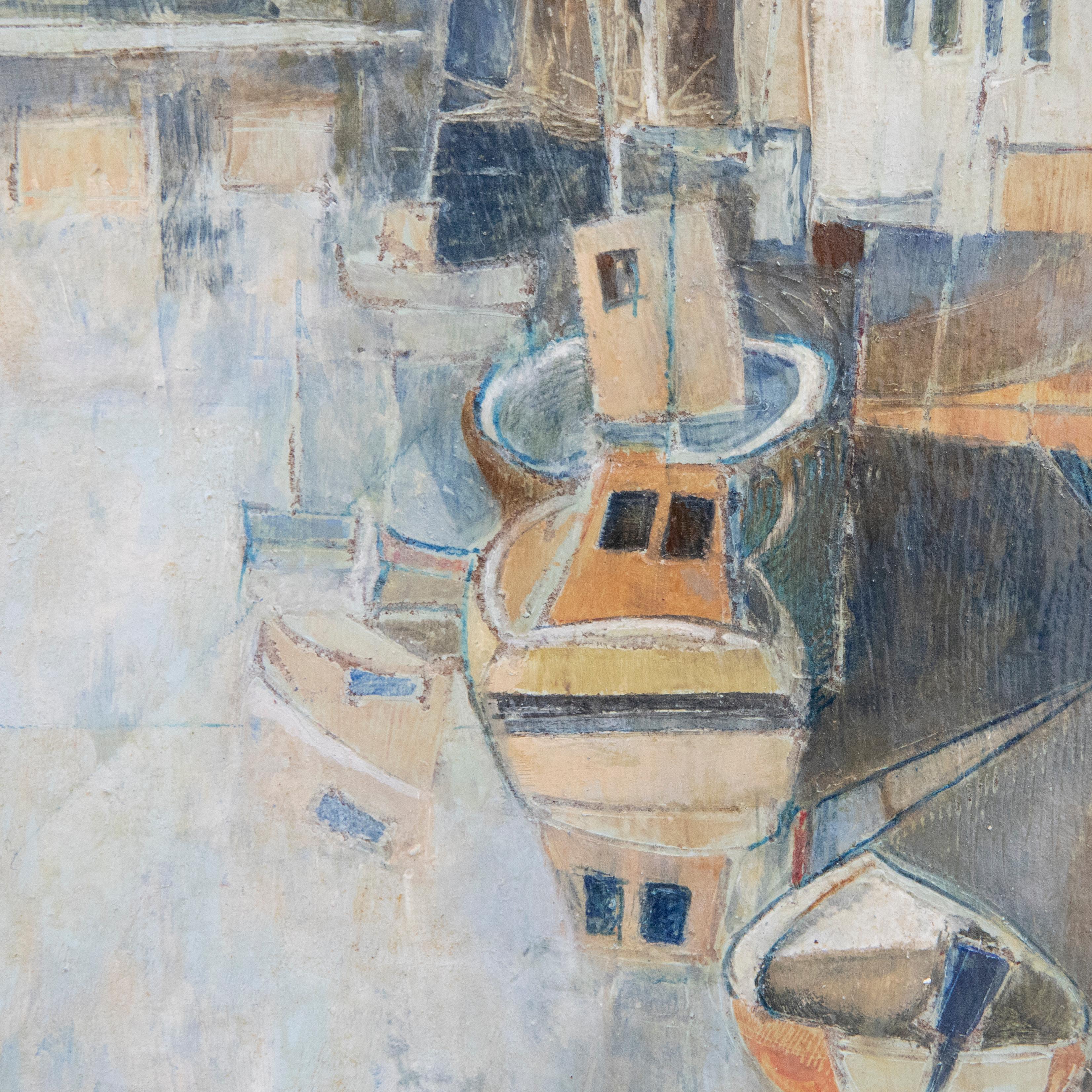Eine charmante Hafenansicht, gemalt in Öl von der zeitgenössischen Künstlerin Kathy Pascoe Armstrong. Elegant in einen weißen Kastenrahmen montiert. Unterschrieben. Rückseitig betitelt und beschriftet. An Bord. 

