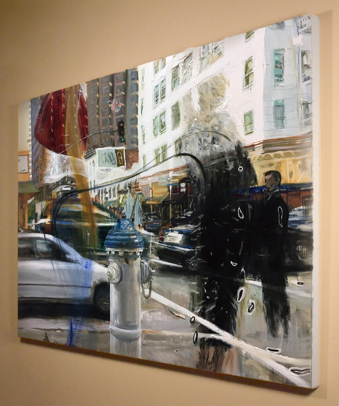 Kearny & Bush, abstract expressionist, realism, cityscape in a thick impasto oil - Painting by Jung Han Kim