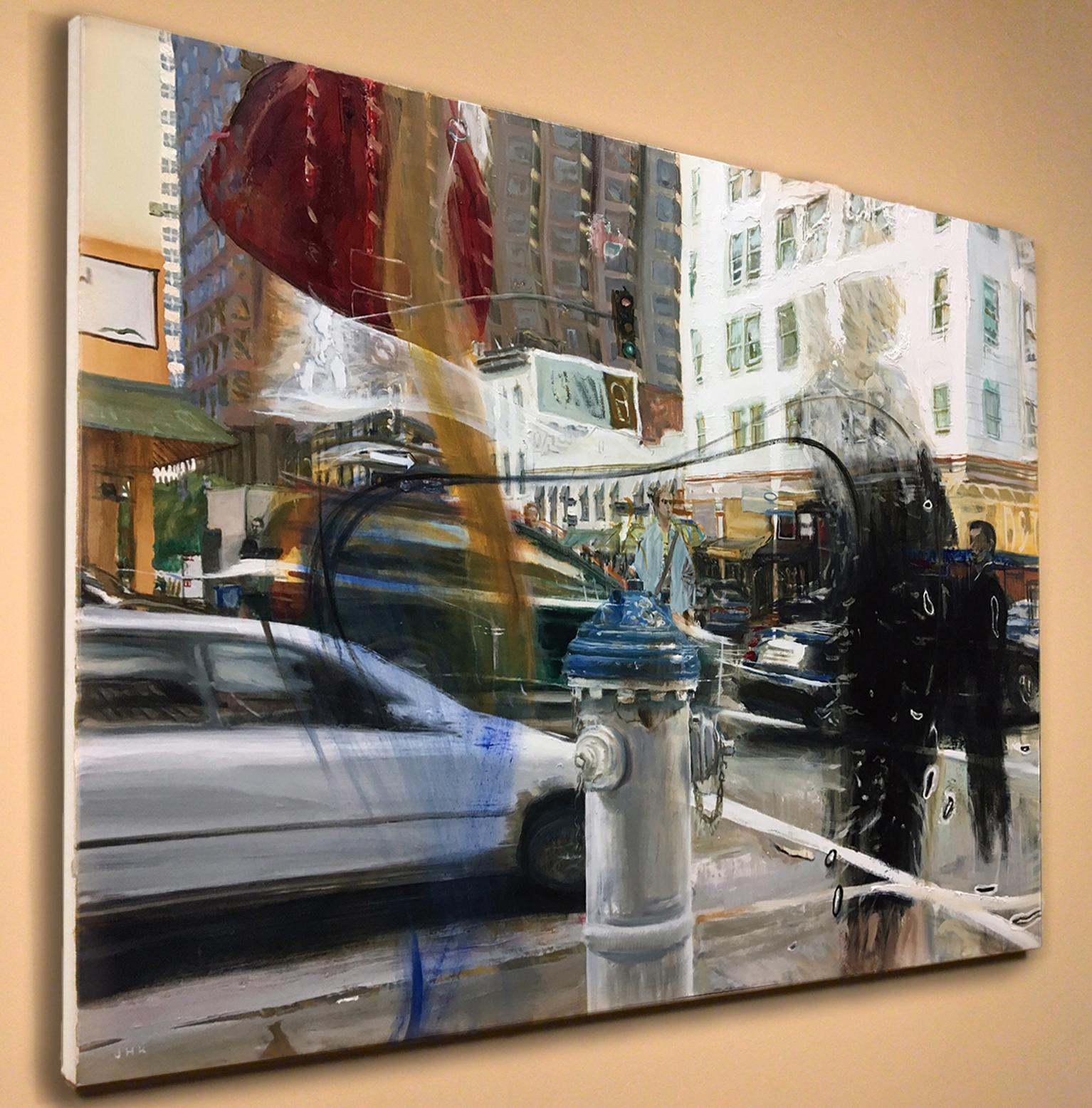 Kearny & Bush, abstract expressionist, realism, cityscape in a thick impasto oil - Gray Abstract Painting by Jung Han Kim