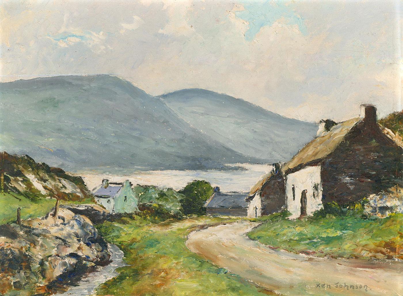 Unknown Landscape Painting - Ken Johnson - 20th Century Oil, Lakeside Hamlet