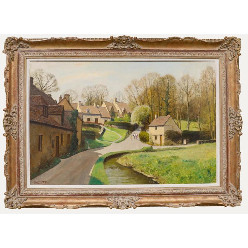 Unknown Landscape Painting – Kenneth Raymond Denton (1932-2024) - Gerahmtes Öl, Vorfrühling, Bibury