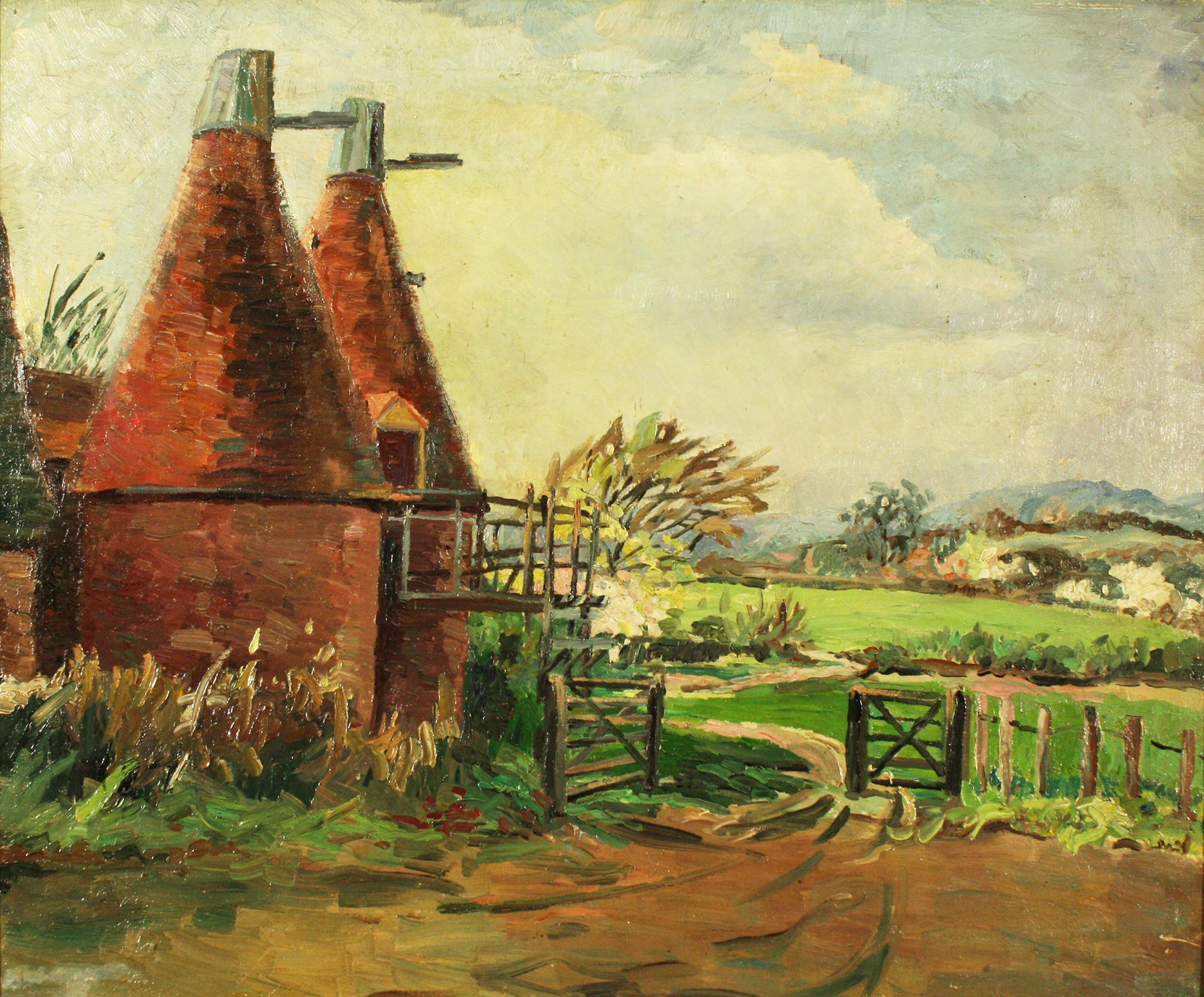 Kentish Scene with Oast Houses - Painting by Unknown