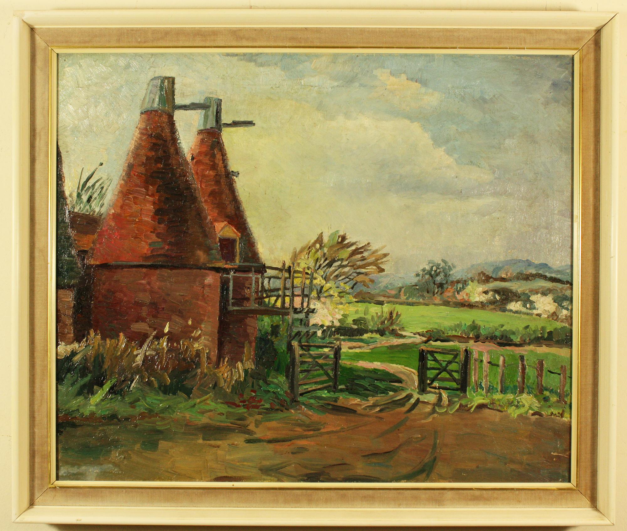 Unknown Landscape Painting - Kentish Scene with Oast Houses