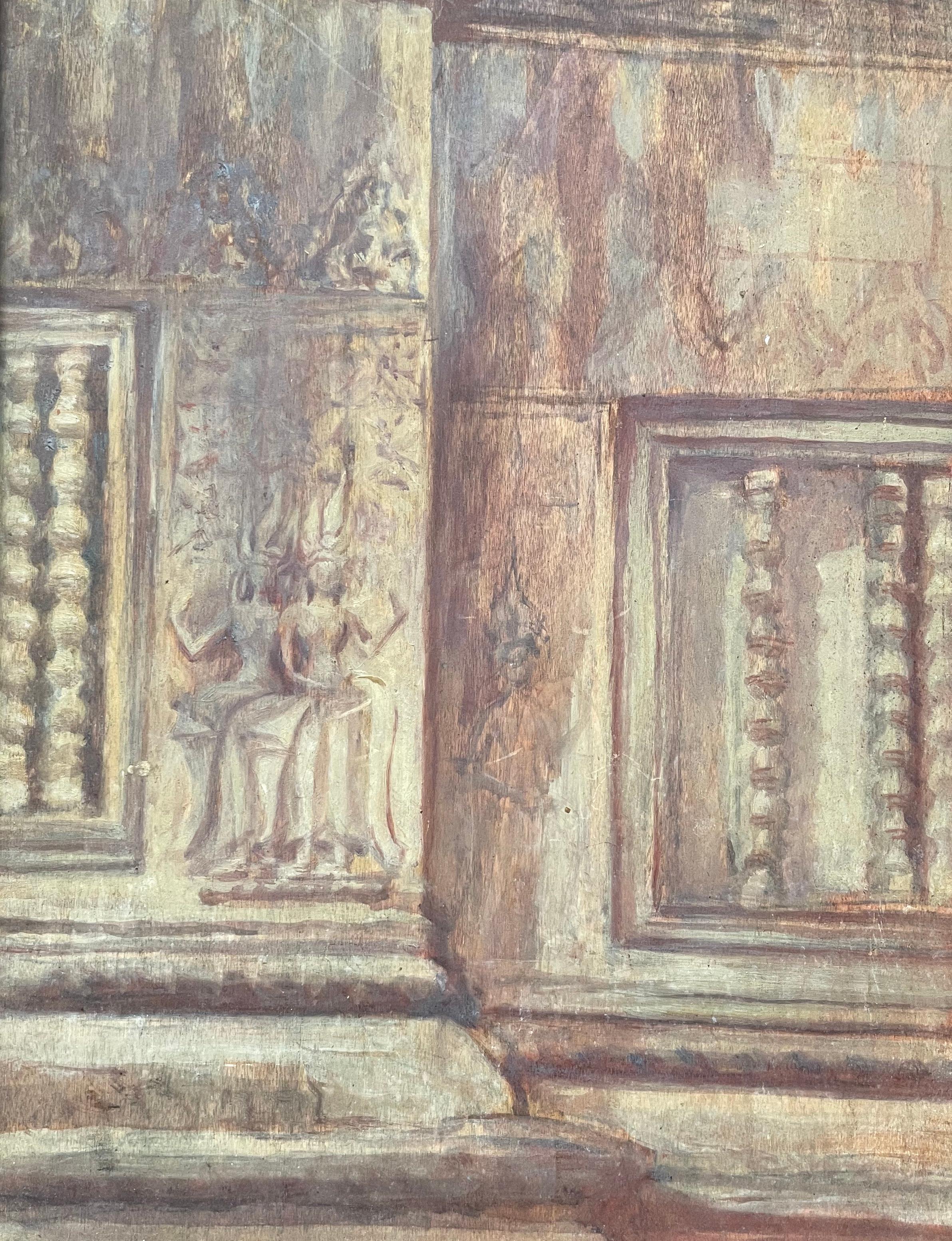 Khmer Temple, Sketch On Panel, Early 20th Century - Painting by Unknown