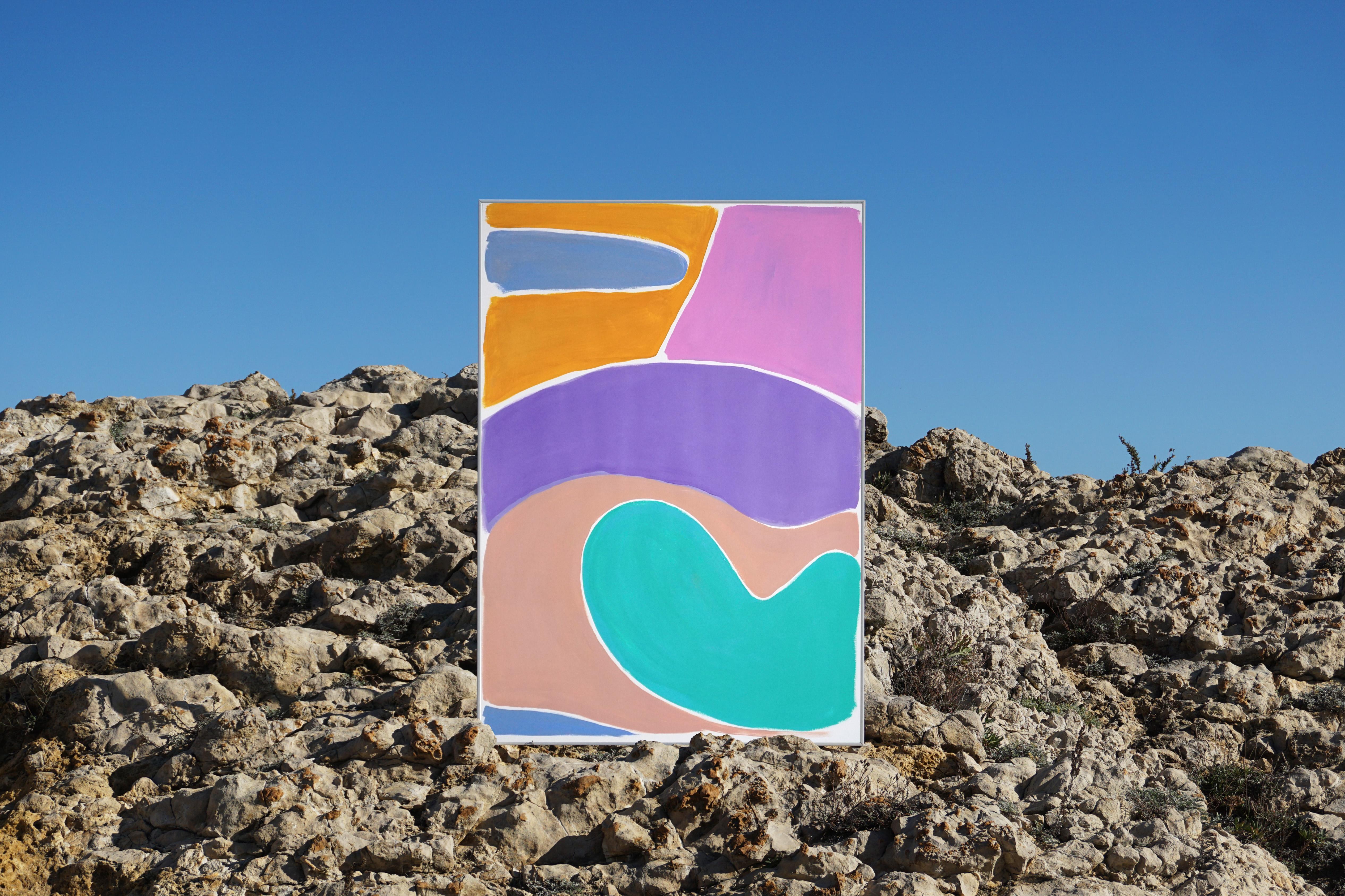 Kidney Pool Landscape in Pastel Tones, Naïf Shapes Painting in Vivid Tones, 2021 For Sale 1