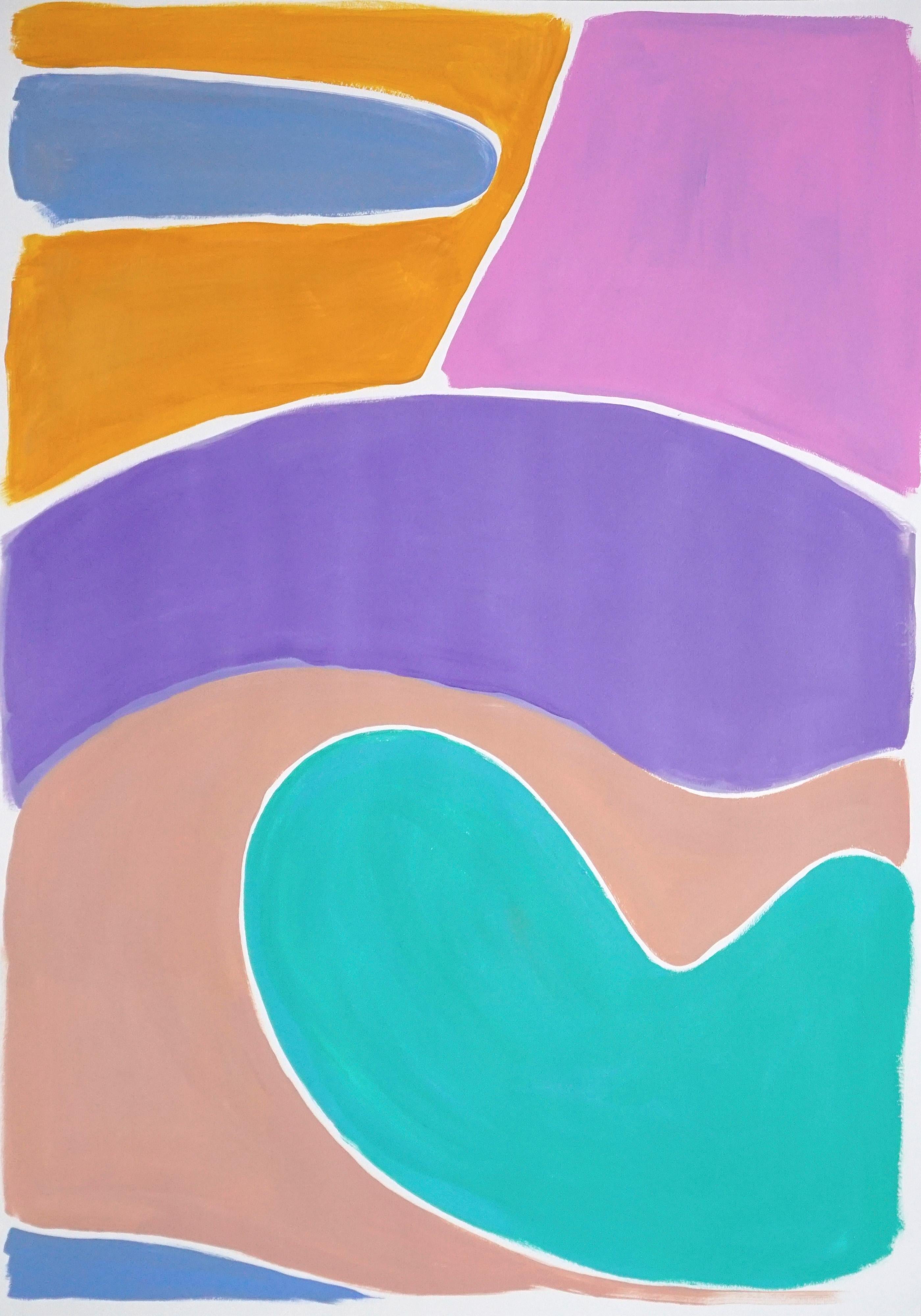 Kidney Pool Landscape in Pastel Tones, Naïf Shapes Painting in Vivid Tones, 2021