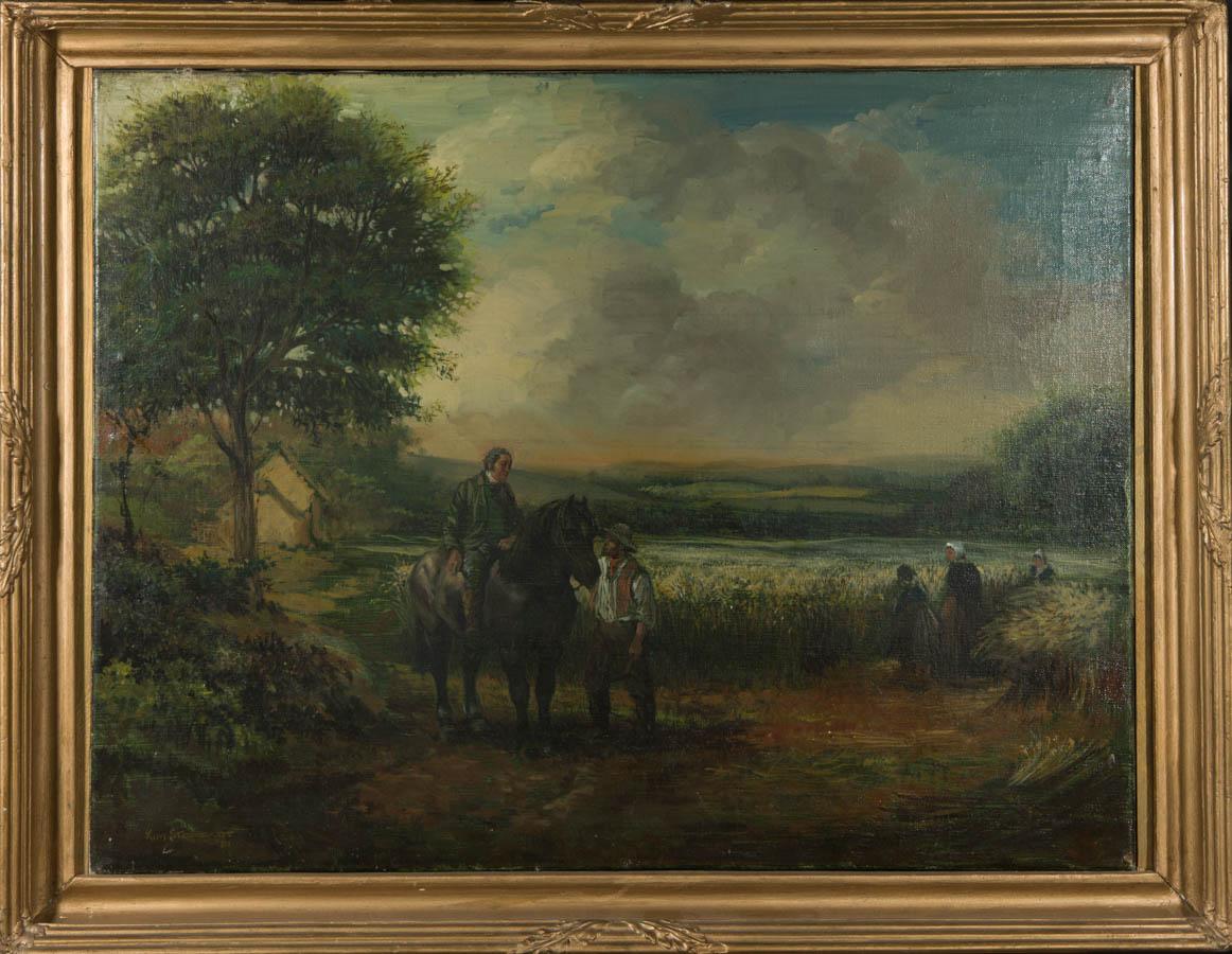 Unknown Landscape Painting - Kim Stoddart - Framed 1981 Oil, Field Workers