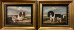 Antique King Charles Spaniel Diptych, 19th century oil on canvas