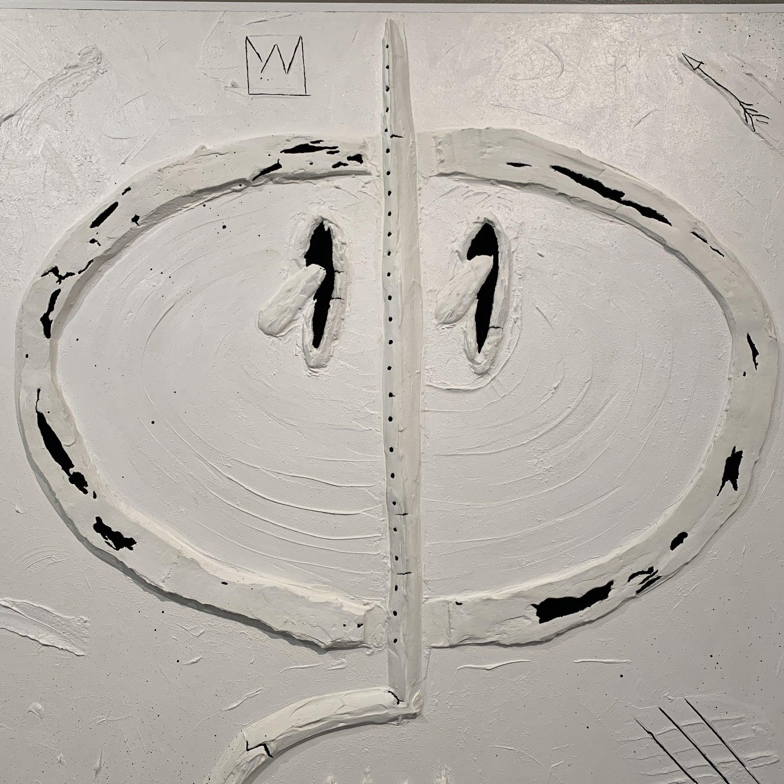 Artist: Hopeton St Clair Hibbert

Plaster & Paint
Framed on Wooden Panel
Mixed Media

Veeer Thourgh the Profound is a series of acrylic and plaster on wood panel. A display of highly textured abstract curvature in white with crevasse in black.
To