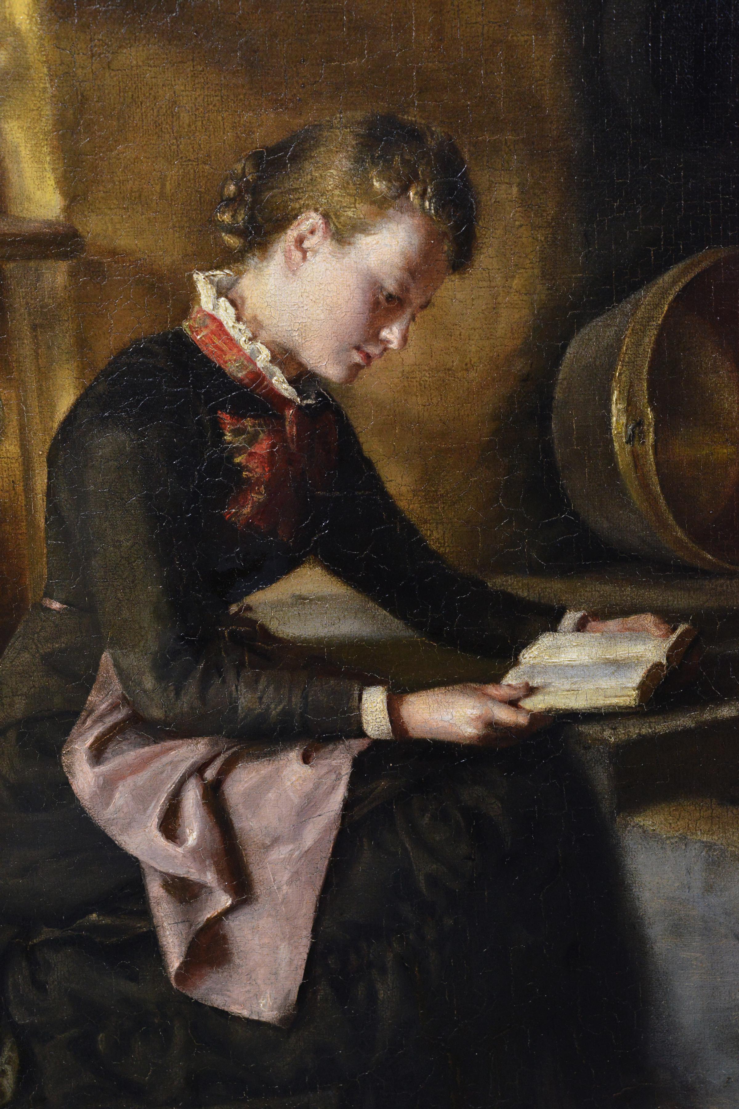 Scena di cucina Ragazza che legge vicino alla stufa Pittura ad olio firmata 1882 Opera d'arte antica - Painting di Unknown