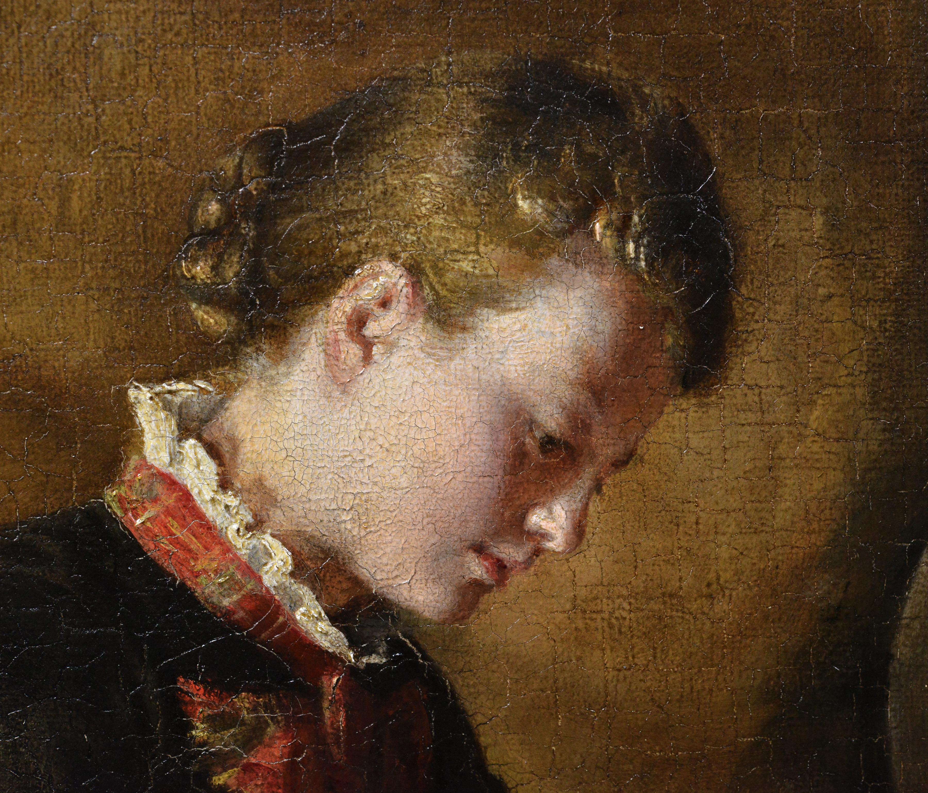 Scena di cucina Ragazza che legge vicino alla stufa Pittura ad olio firmata 1882 Opera d'arte antica - Painting Realismo di Unknown