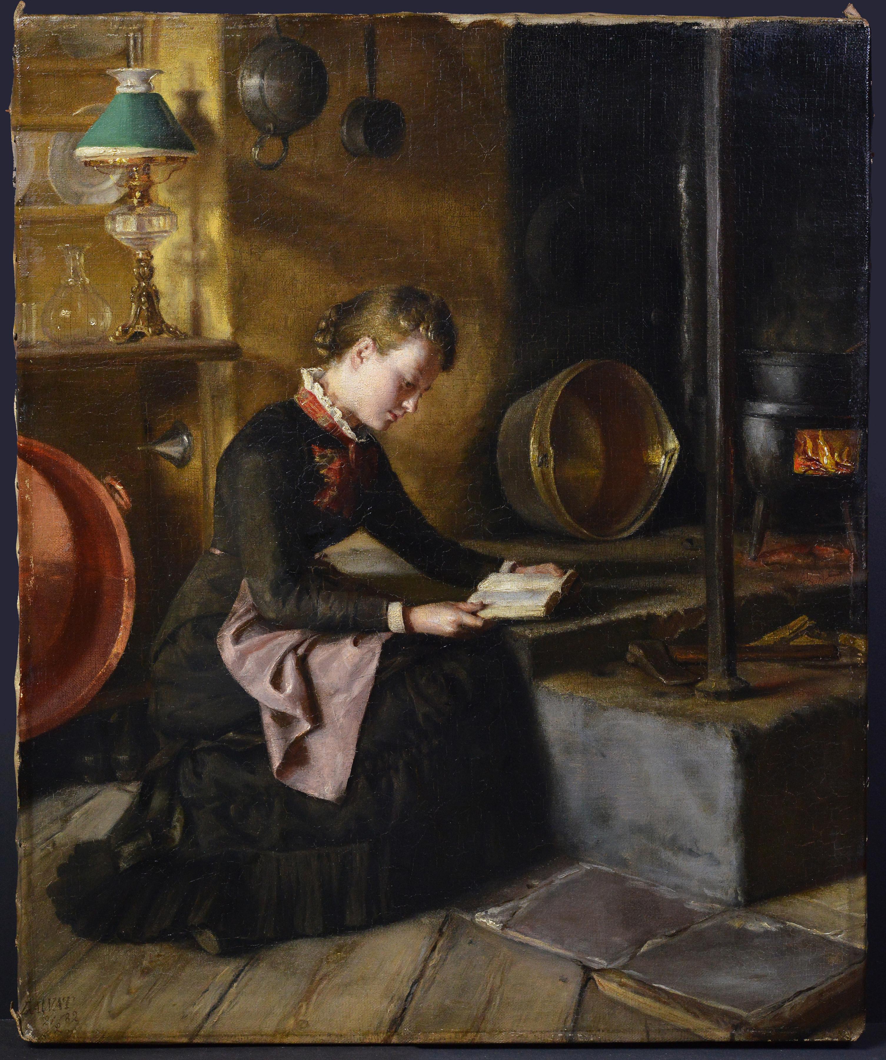 Scena di cucina Ragazza che legge vicino alla stufa Pittura ad olio firmata 1882 Opera d'arte antica 3