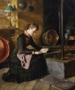 Scena di cucina Ragazza che legge vicino alla stufa Pittura ad olio firmata 1882 Opera d'arte antica