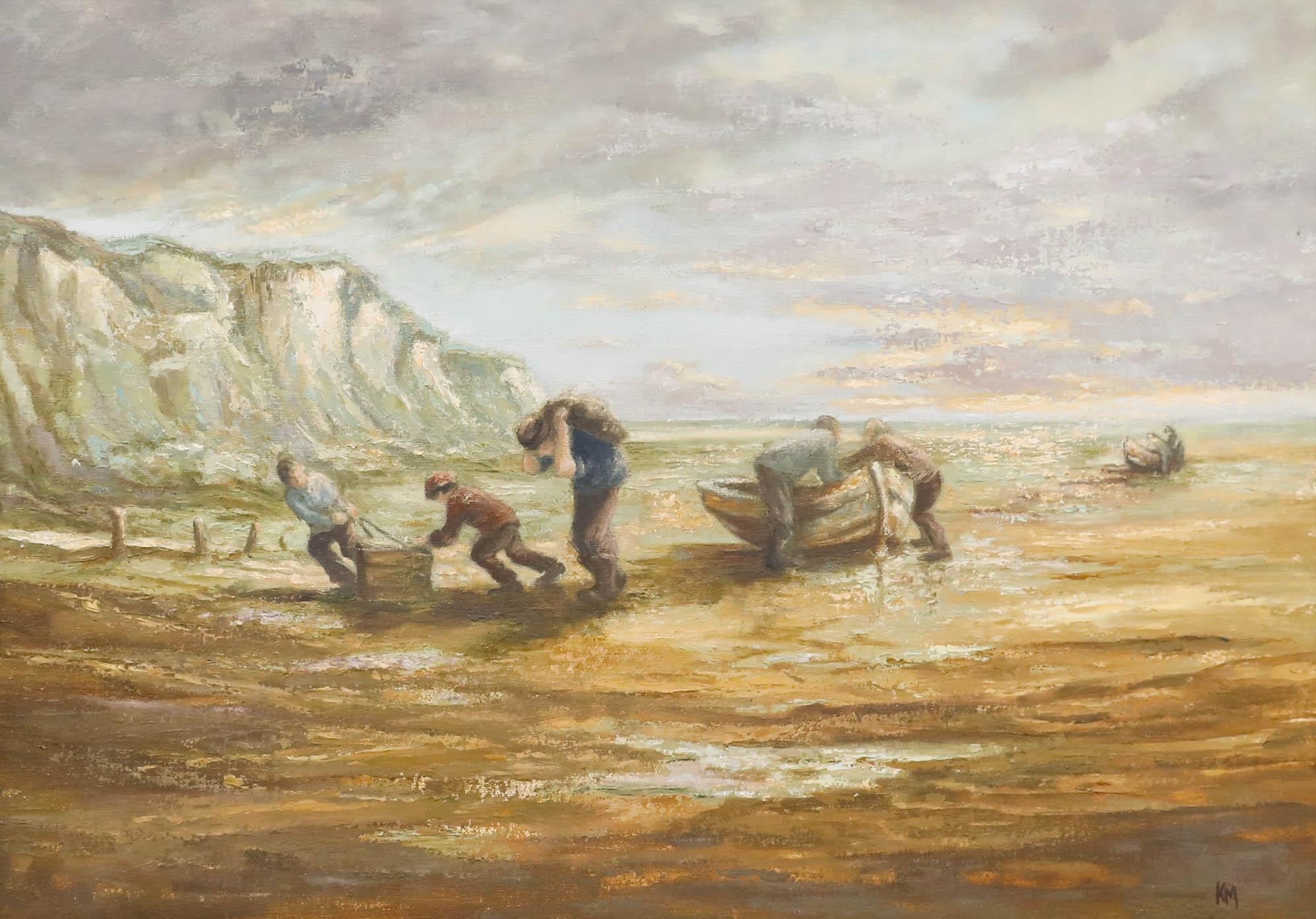 K.K. - Gerahmtes Öl des 20. Jahrhunderts, Die Boote an Land bringen – Painting von Unknown