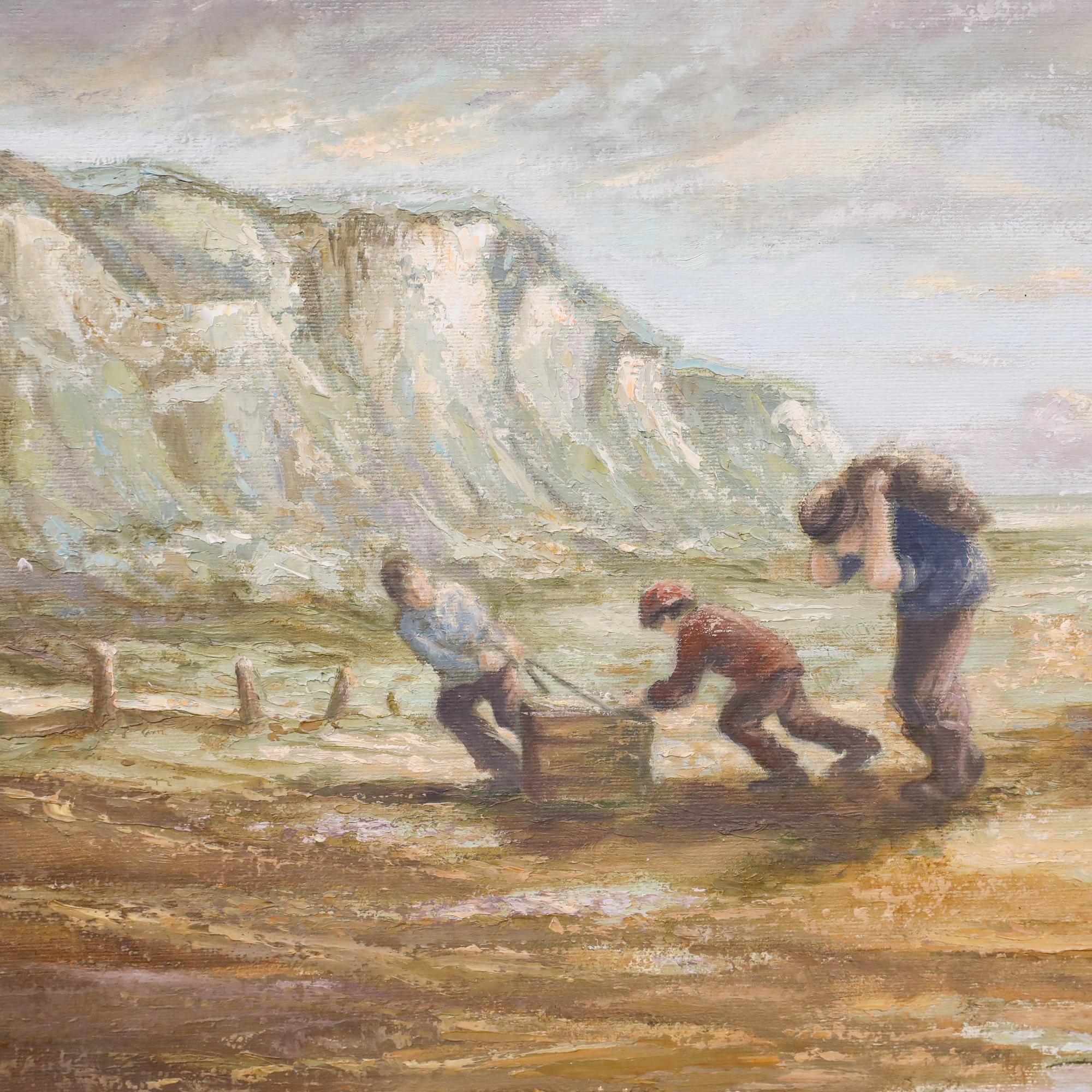 Eine stimmungsvolle Seelandschaft, die Fischer zeigt, die ihre kleinen Boote an Land bringen. Links im Bild sind zwei Jungen zu sehen, die einen schweren Korb hin- und herschieben, während dahinter ein Mann mit einem schweren Sack stapft. Das Öl