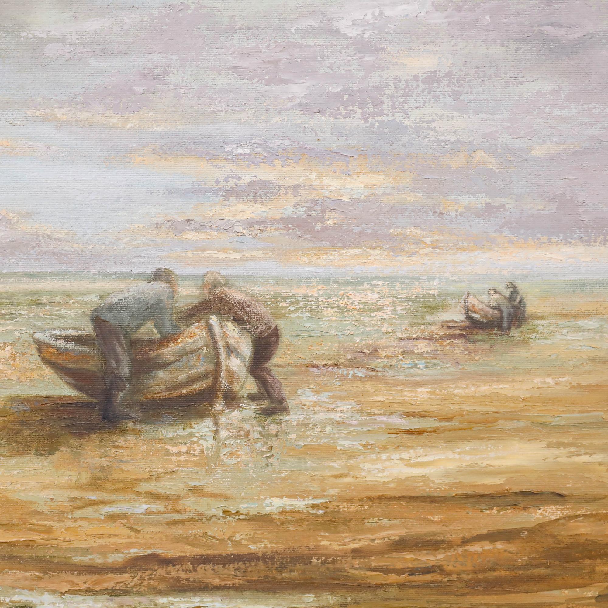 K.K. - Gerahmtes Öl des 20. Jahrhunderts, Die Boote an Land bringen im Angebot 1