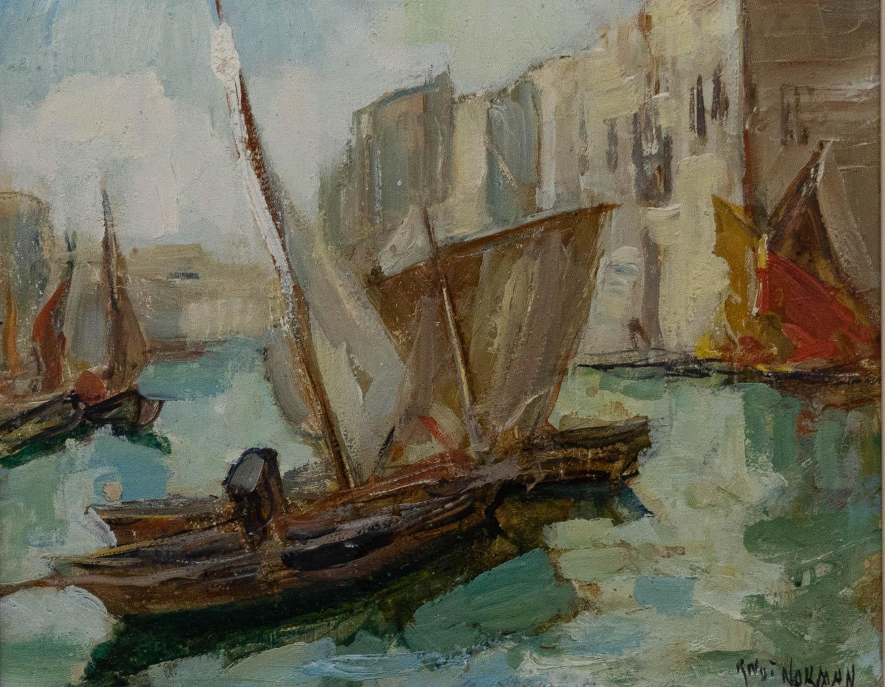 Knut Norman (1896-1977) - Olio della metà del XX secolo incorniciato, Barche nel canale - Painting di Unknown