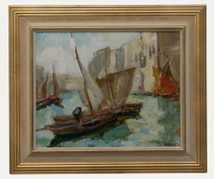 Knut Norman (1896-1977) - Olio della metà del XX secolo incorniciato, Barche nel canale