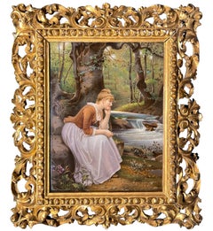 KPM Porcelain Plaque mit einer Frau, die im Wald grübelt